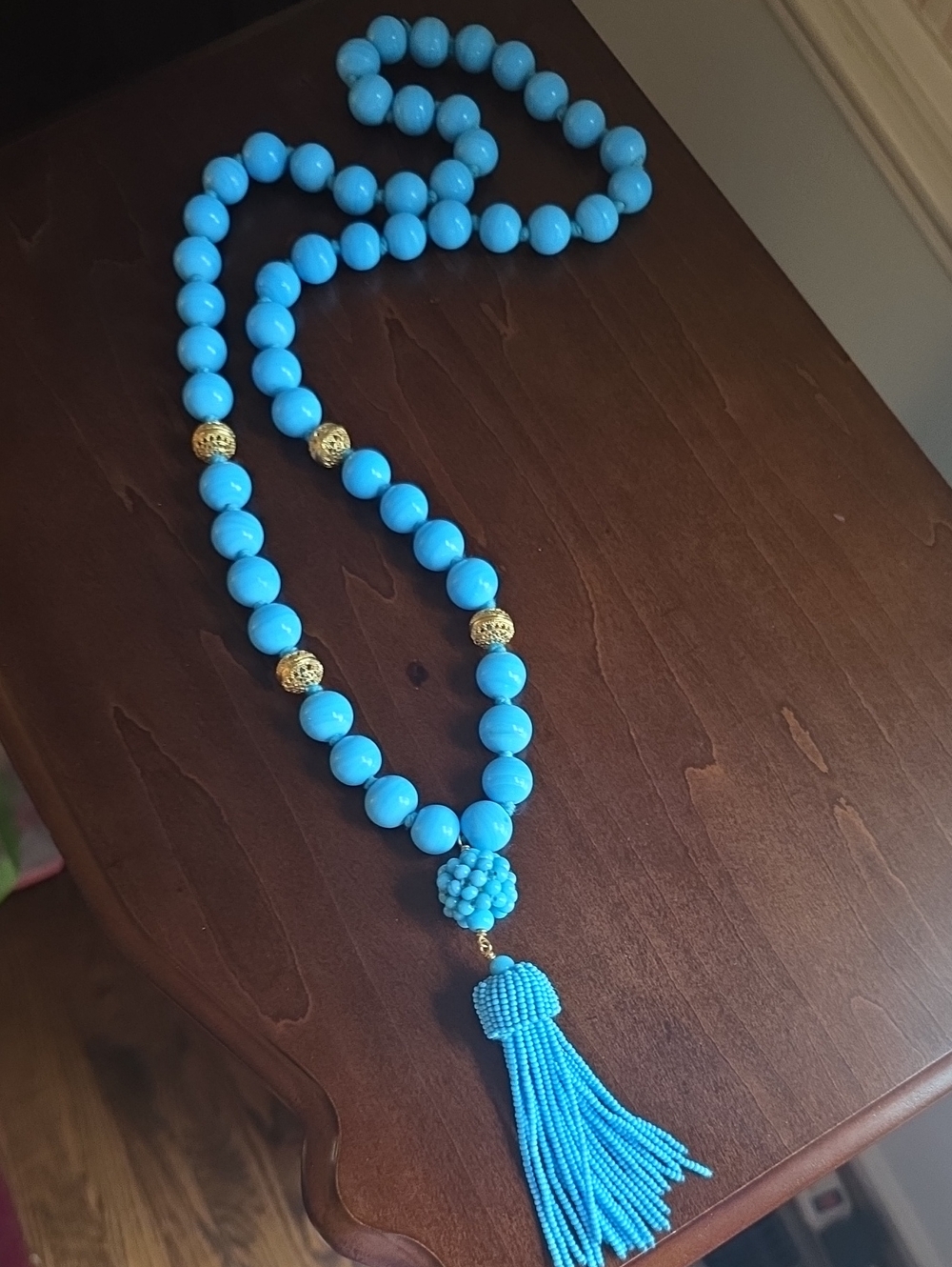 Lisi Lerch Turquoise Bead Tassel Necklace with Gold Accents